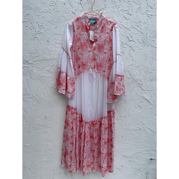 TAJ Sabrina Womens Long Sleeve Embroidered Floral St Barth Dress Red White S - Picture 1 of 11